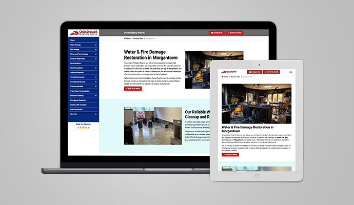 Crossroads Property Rescue website content mockup on a laptop and tablet
