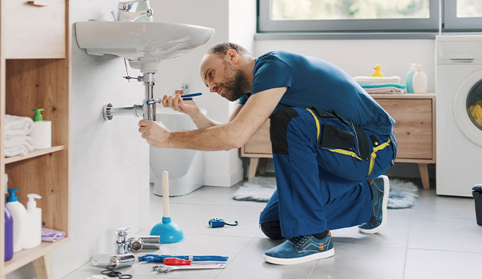 A professional plumber tightening a sink pipe